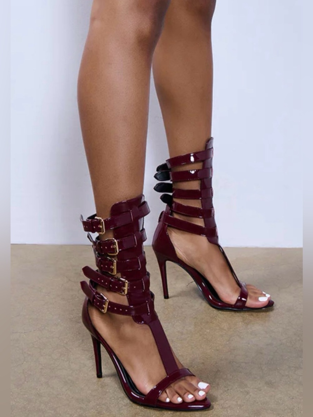 Elegant Women's Burgundy Patent High Heel Sandals